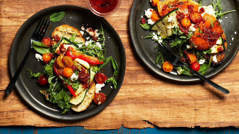 Grilled Zucchini-Feta Bruschetta with Double-Tomato Dressing